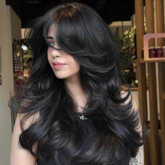 Long Wavy Black Layered Wig with Curtain Bangs - Picture 1 of 7